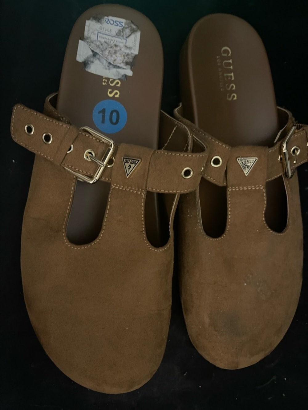 GUESS Brown Suede Buckle Slip-On Clogs